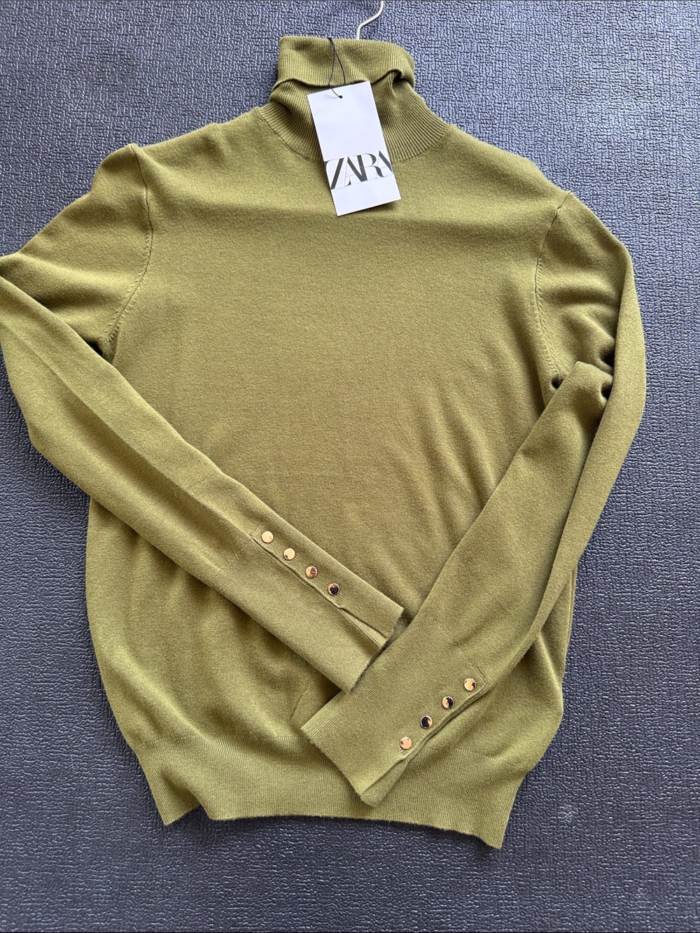 Zara Olive Green Turtleneck Sweater with Button Cuff